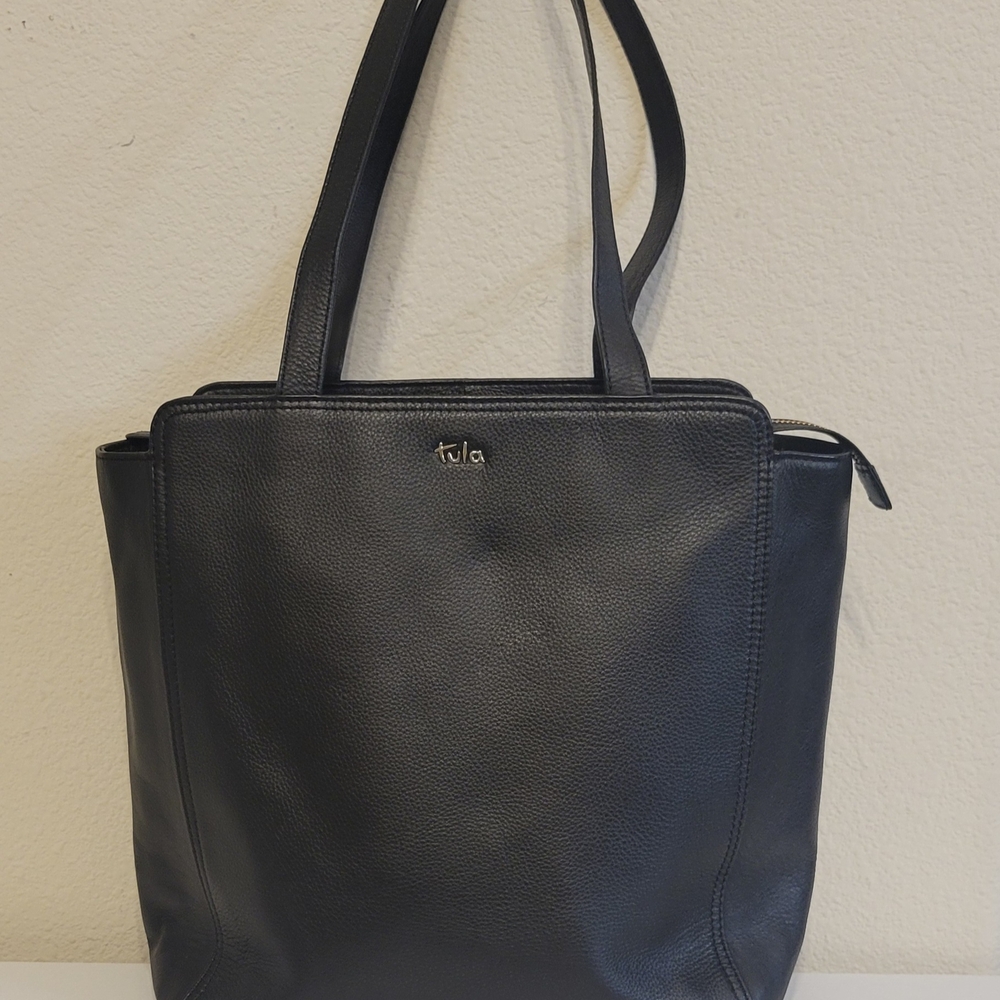 Tula Ziptop Black Leather Tote Bag